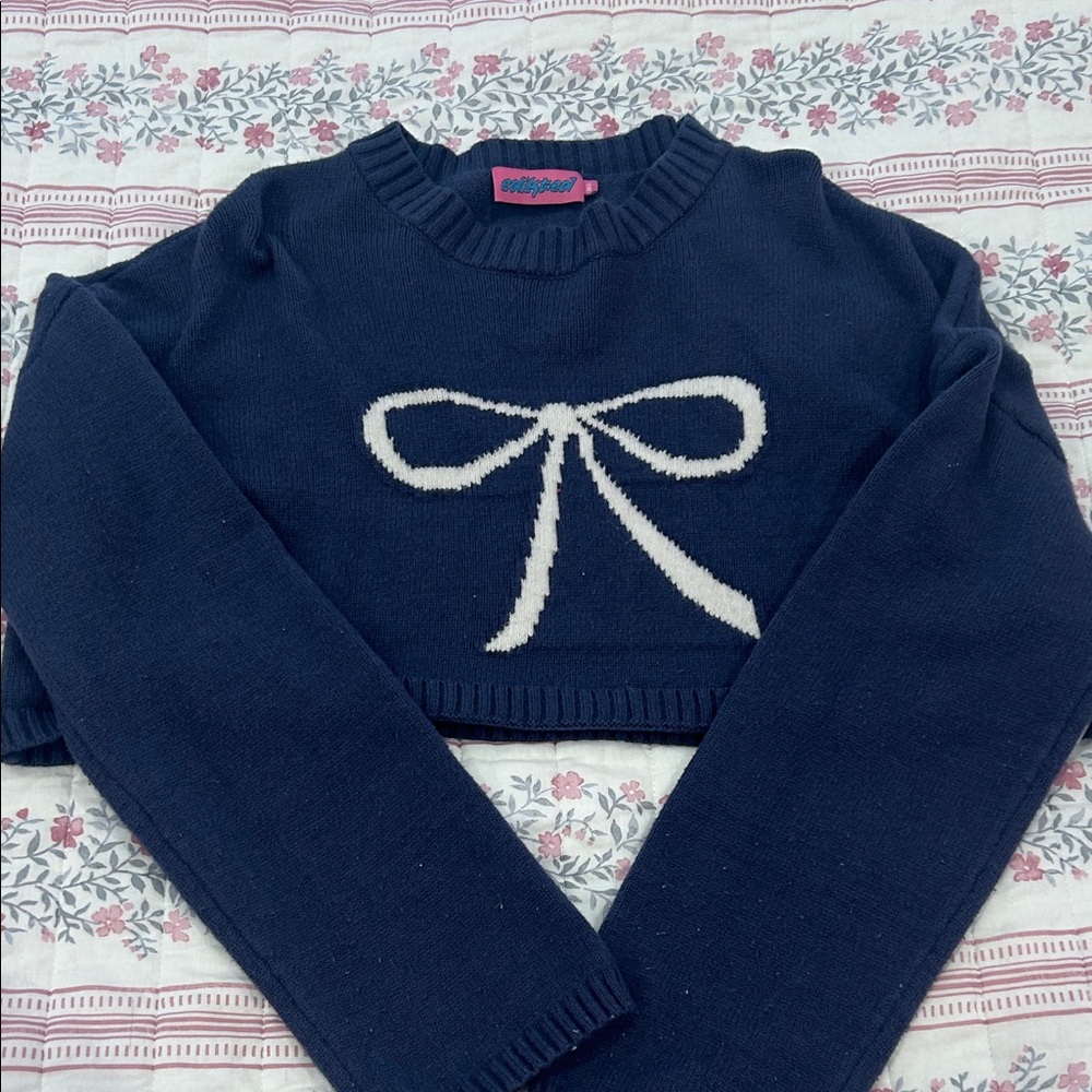 Edikted Navy Sweater with White Bow Detail